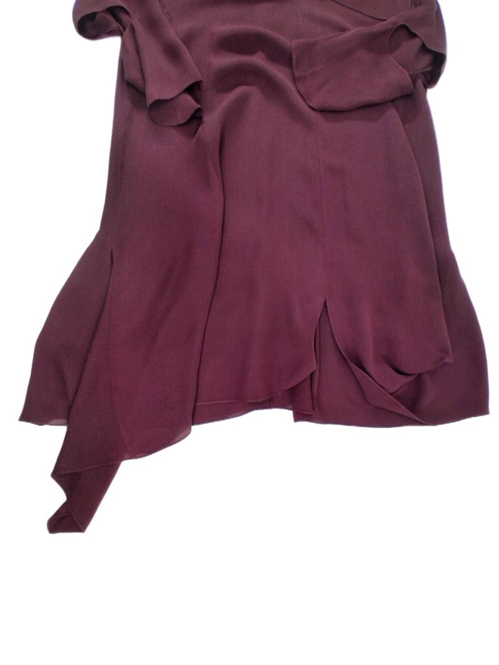 Morgane Le Fay Burgundy Silk Asymmetric V-Neck Draped Handkerchief Hem Dress M - Picture 7 of 15